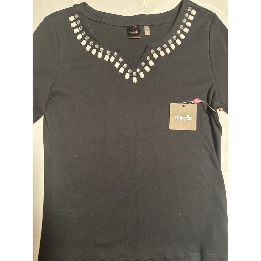 Rafaella Women's Black V-Neck Embellished Short Sleeve Top Size M